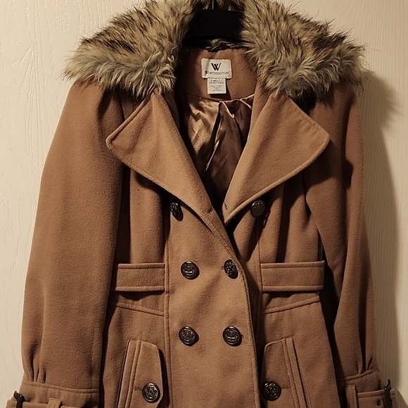 Tan Double Breasted Pea Coat with faux fur collar/ Free shipping! - Picture 1 of 7